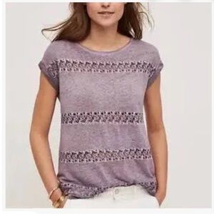 100% Linen Lavender Lace Accent Women's Short Sleeve Top